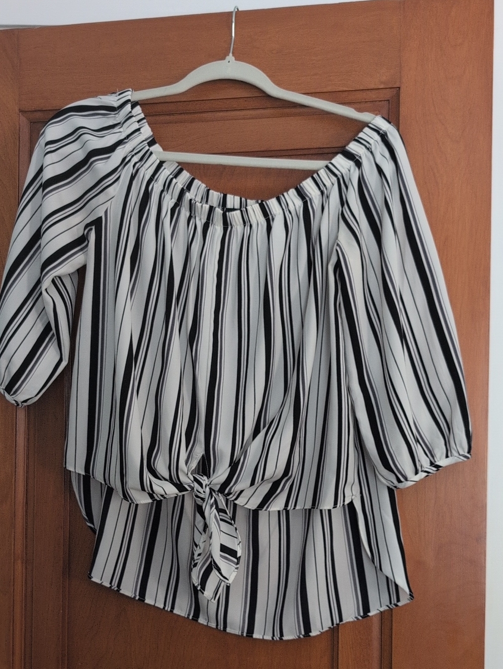 Soprano Black and White Striped Tie-Front Blouse